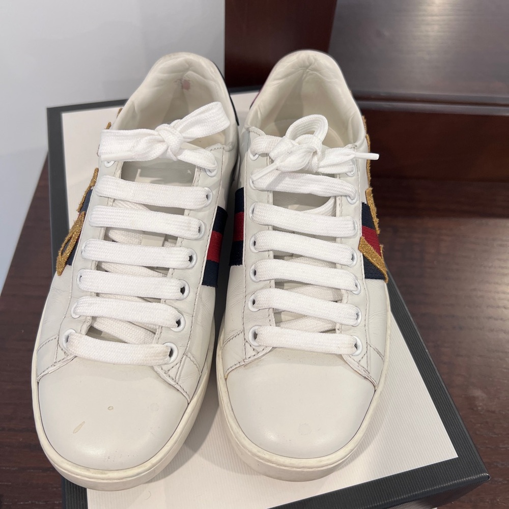 Gucci White Sneakers with Red and Blue Accents